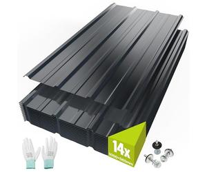Mondeer 14PCS Roofing Sheets, 8.3m² Galvanised Steel, 105 x 56.5 cm, Metal Corrugated Trapezoidal Grooved Roof for Outdoor Storage, Bin Store & Bike Shed, Includes Gloves and Screws, Dark Grey