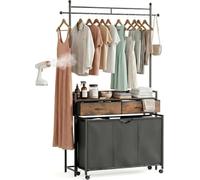 Mondeer Laundry Basket with Shelf, 150L Laundry Bin with Clothes Rack and Drawers, Pull-Out Removable Laundry Sorter on Wheels, Rustic Brown and Black