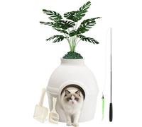 Mondeer Cat Litter Box with Faux Plant, Enclosure Hidden Litter Tray with Odor Filter, Cat House for Living Room Bedroom Corner, Includes 2 Scoops and Toy, White