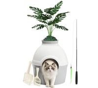 Mondeer Cat Litter Box with Faux Plant, Enclosure Hidden Litter Tray with Odor Filter, Cat House for Living Room Bedroom Corner, Includes 2 Scoops and Toy, Grey