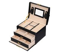 Mondeer Jewellery Box, Jewellery Oganiser, 3 Layers PU Leather Jewelry Storage Box with Mirror and Lock, for Rings Bracelets Earrings Necklaces, Black