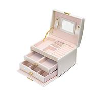 Mondeer Jewellery Box, Jewellery Oganiser, 3 Layers PU Leather Jewelry Storage Box with Mirror and Lock, for Rings Bracelets Earrings Necklaces, White