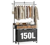 Mondeer Laundry Basket with Coat Rack, 150L Laundry Cart with Extendable Oxford Fabric, for Laundry Room, Bathroom, 129 x 33 x 199 cm, Rustic Brown and Black