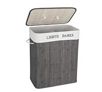 Mondeer Laundry Basket with Lid 100L, 2 Compartments Bamboo Laundry Hamper with Handles Removable Washable Lining, Foldable, for Bedroom Bathroom or Utility Room, 52 x 32 x 65 cm, Grey