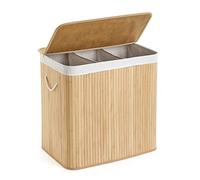 Mondeer Laundry Basket with Lid 150L, 3 Compartments, 60x 40x62cm, Natural | Bamboo Laundry Hamper with Handles Removable Washable Lining, Foldable, for Bedroom Bathroom or Utility Room