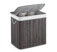 Mondeer Laundry Basket with Lid 150L, 3 Compartments Bamboo Laundry Hamper with Handles Removable Washable Lining, Foldable, for Bedroom Bathroom or Utility Room, 60 x 40 x 61 cm, Light Grey