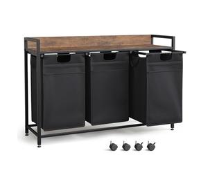 Mondeer Laundry Basket with Wheels, 150L Laundry Hamper 3 Compartments, Metal Frame Washing Basket with Storage Shelf and Front Storage Bag for Bedroom Bathroom, Rustic Brown and Black