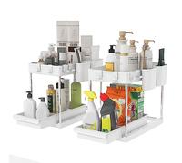 Mondeer Under Sink Storage, 2 Tier Organizer Rack with 4 Hooks and 2 Hanging Cups, for Office Kitchen Bathroom, W22 x D40.7 x H32.5cm, 2 PCs, White