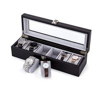 Mondeer Watch Box, Watch Display Organizer, Watch Storage with Glass Lid, Grey Velvet Lining, Lockable with Silver Metal Clasp, 6 Slots, 34.5x11x8.5cm, Black PU Leather
