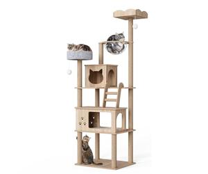 Mondeer Wooden Cat Tree for Large Cats, 185 cm Cat Tower with Scratching Post 2 Condos 2 Perches and Capsule Nest, Modern Style for Indoor Cats