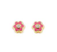 Mondepetit - 18ct Yellow Gold Intense Pink Enamel Daisy Flower Cubic Zirconia Children's Baby Girls Earrings shine