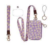 MONDO DESIGNS 2-in-1 ID Badge Holder & Lanyard Wallet - Multi-Use Womens Small Wallet with Removable Wristlet & Neck Lanyard, Clear Window, 5 Card Slots, Phone Holder, Ring Keychain - Purple Daisies