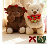mondpfote 2026 New Christmas Teddy Bear with Bouquet,Bloom Bear Plush Toy with Red Rose,Romantic Stuffed Animal with a Cute Bouquet of Flowers Tiny Into Hat Rose,Crochet That Turns (Brown,White)