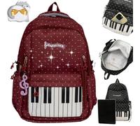 mondpfote Piano Backpack Nylon Polka Dot Cute Backpack Novelty Y2k Daypack with Pendant, Music Bookbag for Travel Campus Commute，Red