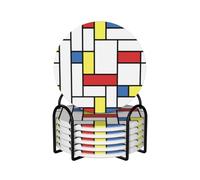 Mondrian Blocks,Round Ceramic Coasters, Mugs Pad, Cups Mat Set of 6 Drinks Coasters With Holder