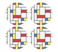 Mondrian Blocks,Round MDF Cork Coasters, Mugs Pad, Cups Mat Set of 4 Drinks Coasters