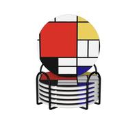 Mondrian,Round Ceramic Coasters, Mugs Pad, Cups Mat Set of 6 Drinks Coasters With Holder