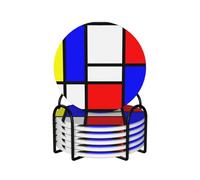 Mondrian,Round Ceramic Coasters, Mugs Pad, Cups Mat Set of 6 Drinks Coasters With Holder