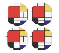 Mondrian,Round MDF Cork Coasters, Mugs Pad, Cups Mat Set of 4 Drinks Coasters