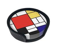 Mondrian,Set of 6 Round Coasters, Pu Leather Drinks Coasters with Holder for Home Office Kitchen