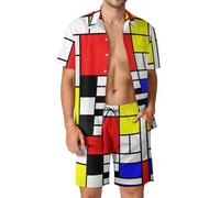 Mondrian Style Men's Hawaiian Shirt Set Button Down Beach Shirt Sets Tracksuit Casual Party Suits Outfit M