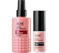 MONÉ Professional Styling Spray & Shimmer Volume Powder Set, 150ml + 8g | Spray on damp hair and blow-dry, then 1-2 taps of powder at the roots. Barely-there shimmer, suits all tones. Vanilla scent.