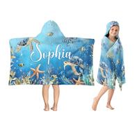 MoneRffi Hooded Towels for Kids, Personalised Name Kids Poncho Towel, Microfibre Beach Towel Absorbent Quick Dry Bath Pool Swimming Towels for Girls Boys (Sea turtles B)