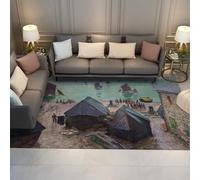 Monet Coastal Vintage Rug Boats & Beach Huts Area Rugs Living Room 180x240cm Dining Floor Kitchen Rugs Easy Care Pile Teal & Sand Large Non Slip Carpet