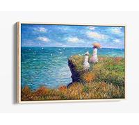 Monet The Cliff Walk Green Canvas Floater Frame Print Picture Art - Light Oak Frame 24 inch wide x 16 inch high