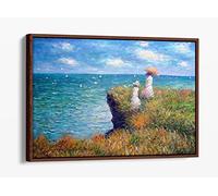 Monet The Cliff Walk Green Canvas Floater Frame Print Picture Art - Walnut Frame 18 inch wide x 12 inch high