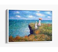 Monet The Cliff Walk Green Canvas Floater Frame Print Picture Art - White Frame 24 inch wide x 16 inch high