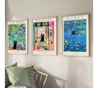 Monet Wall Art Set of 3 framed - Van Gogh Black Cat Flower Field Canvas Paintings Prints, Matisse Abstract Black Cat Aesthetic Pictures for Room Bedroom Living Room Bathroom 30 * 40cm