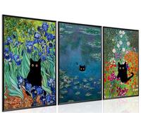Monet Wall Art Set of 3 - Funny Cat in Water Lilies Canvas Paintings Prints, Garden Flowers Black Cat Aesthetic Pictures for Room Bedroom Living Room Bathroom 12x16 Unframed