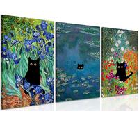Monet Wall Art Set of 3 - Funny Cat in Water Lilies Canvas Paintings Prints, Garden Flowers Black Cat Aesthetic Pictures for Room Bedroom Living Room Bathroom 12x16 Framed