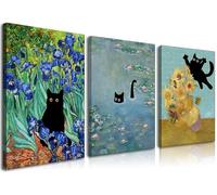 Monet Wall Art Set of 3 - Funny Cat in Water Lilies Canvas Paintings Prints, Van Gogh Sunflower Cat Aesthetic Pictures for Room Bedroom Living Room Bathroom 12x16 in Framed