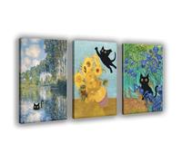 Monet Wall Art Set of 3 - Irises Cat Canvas Paintings Prints, Monet Swimming Cat Print, Sunflower Poster, Room Bedroom Living Room Bathroom Frame-style 12x18inch(30x45cm)