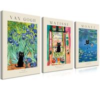 Monet Wall Art Set of 3 - Van Gogh Black Cat Flower Field Canvas Paintings Prints, Matisse Abstract Black Cat Aesthetic Pictures for Room Bedroom Living Room Bathroom 12x16 in Framed