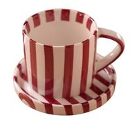 Monetais Ceramic Coffee Mug, 200ml Red Striped Vintage Coffee Mugs with Handle & Saucer for Home Office Tea Drinks Water Cups