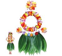 Monetais Hawaiian Outfit for Girls, Elastic Hula Skirts with Wreath & Leaves, Colorful Grass Skirt for Kids Party, Beach