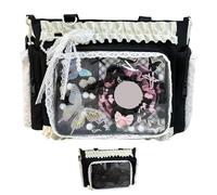 Monetais Ita Bag, Kawaii Lace Ruffle Nylon Japanese Pin Bag with Side & Front Clear Display Adjustable Straps Y2k Cute Messenger Handbag for Girls, Black