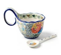 Monetais Soup Bowl with Handle 15oz Floral Ceramic Soup Cups with Spoon Elegant Polish Pottery Style Cereal Bowl for Ice Cream, Snack, Stew, Breakfast