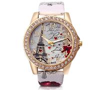 Monetais Women Watch Analogue Quartz Movement Watch with Leather Armband Eiffel Tower Pattern Dial Wristwatch (White, Battery Included)