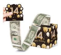 Money Box for Cash Gifts - Cute 14th Birthday Gift Box with Pull Out, Black Gold Decor for Birthday Party (35PCS Bags)