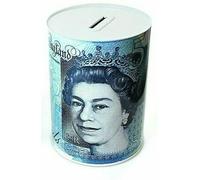Money Box For Saving Cash & Coins Multi-Colour Design With Pound Notes Printed Tinplate Bank (£5 Large).