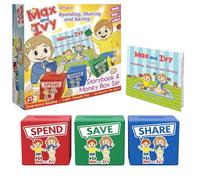 Money Boxes for Kids - 3 Piggy Banks Set for Saving, Spending & Sharing - Teaches Financial Literacy Ages 3-7 - Includes Fun Illustrated Storybook - Kids Wooden Money Bank Game - Max and Ivy