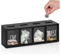 Money Boxes for Kids Wooden Give Save Spend Invest Money Saving Box Visualized Piggy Banks Set for Daily Cash Bill and Penny Teaches Kids Financial Literacy Ages 3-7 Countertop Wall Mounted(Black)