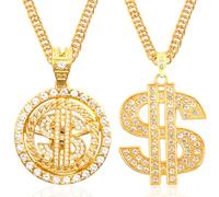Money Chain Necklace Dollar Sign Chain Gold Dollar Sign Necklace Hip Hop Gold Money Chains For Men With Pendant, 2PCS Long Big Fake Gold Necklace Golden Pendant Necklaces 90s Rapper Chains 2 design