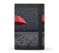 Money Clip Slim Wallets for Man, Red Umbrella in Rain Trifold Wallet with ID Window, Extra Capacity Coin Pocket with Zipper for Anniversary, Birthday, Valentine's Day Gift