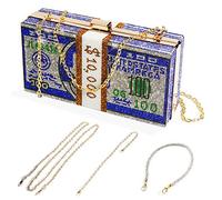Money Clutch Purses for Women, Stack of Cash Dollars Crystal Clutch Purses, Blue, S