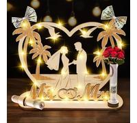 Money Gift Wedding Wood with Fairy Lights, LED Money Tree Money Gifts for Bride and Groom, Wedding Gifts for Bride and Groom, Money Heart-Shaped Gift for Wedding Anniversary Wooden Mr & Mrs Money